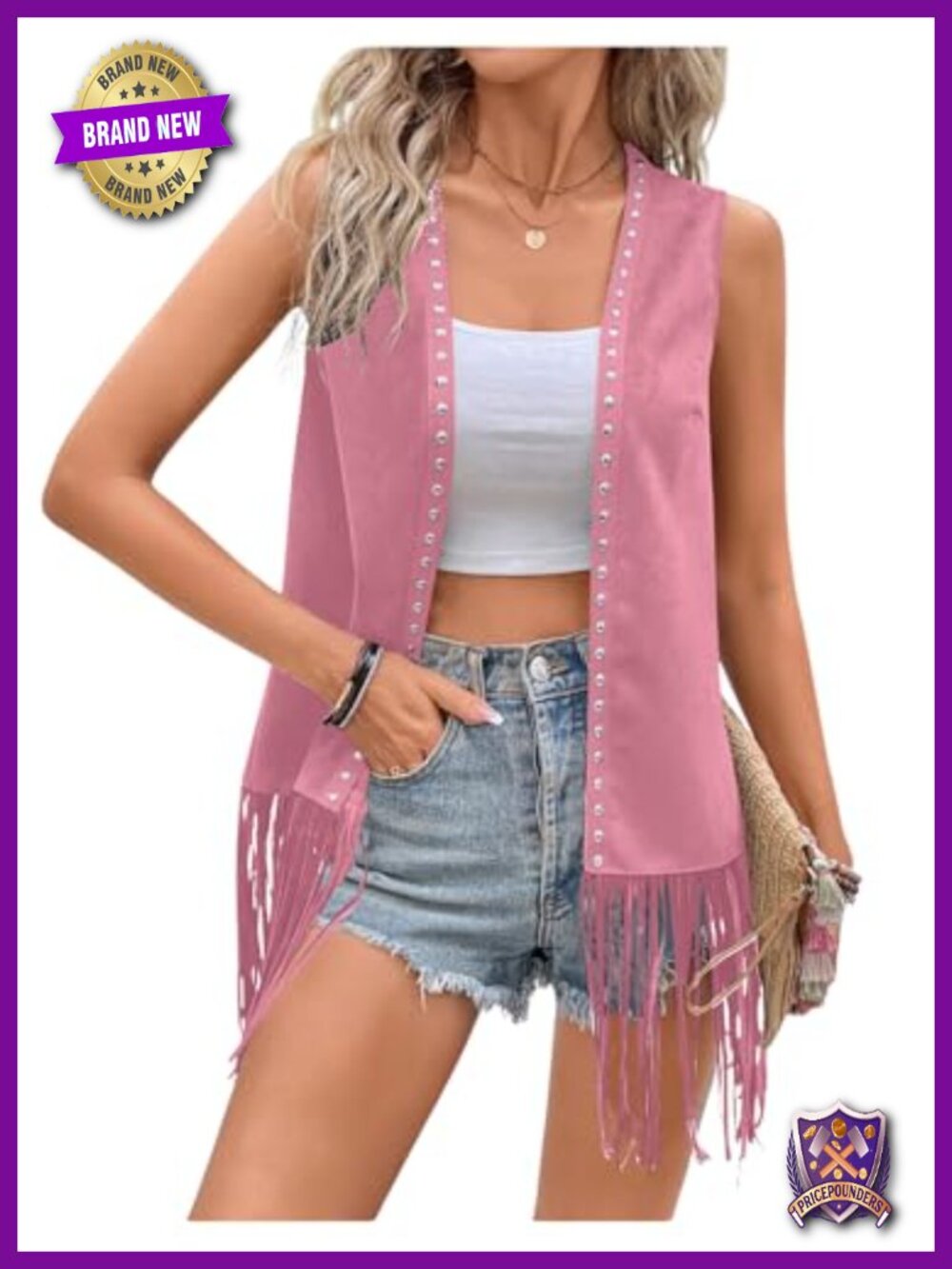 Fringe Vest Sleeveless Studded Open Front Hippie 70s Country Concert